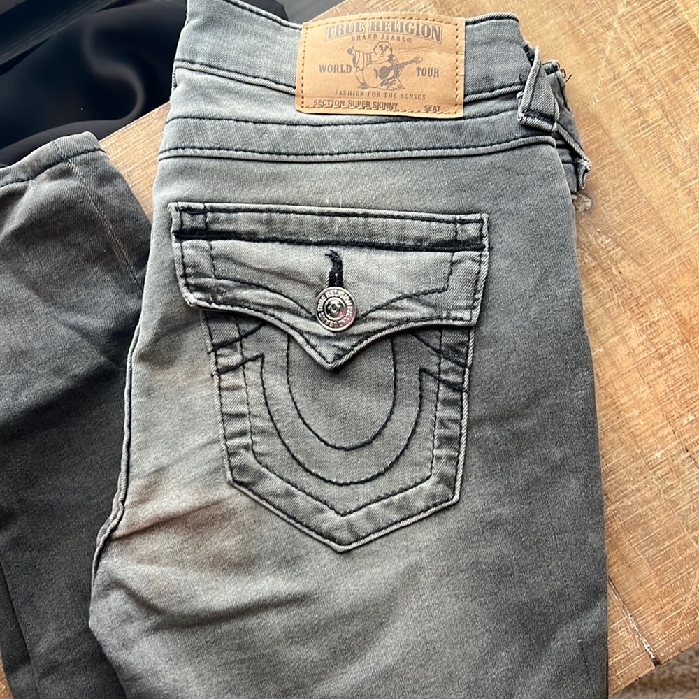 Gray distressed True Religion gray black jeans